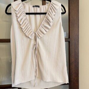 Zara Textured Sleeveless Top with Self-Tie Front Closure in Cream, Size Small.